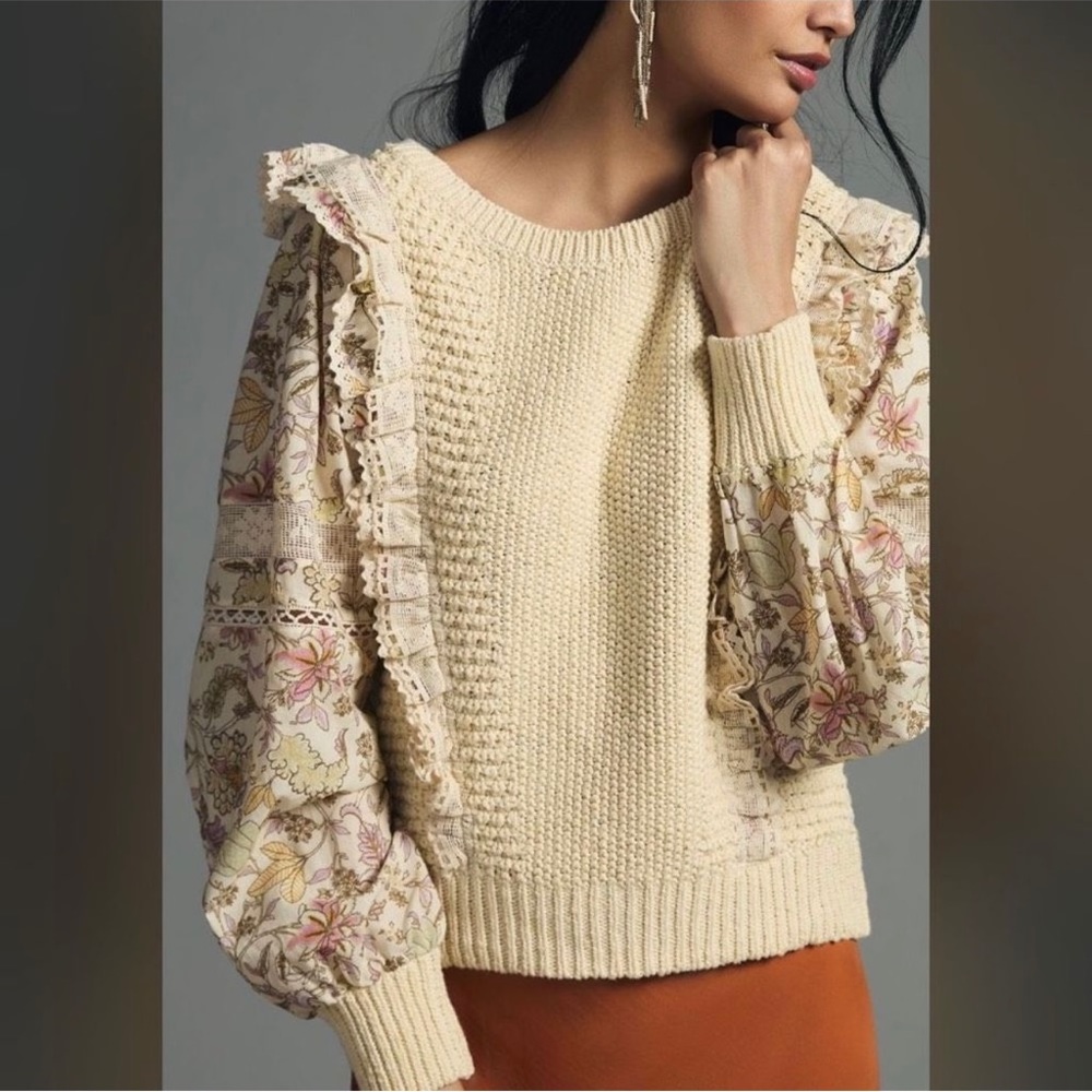 NWT Anthropologie Printed-Sleeve Ruffle Sweater (fits like XS)